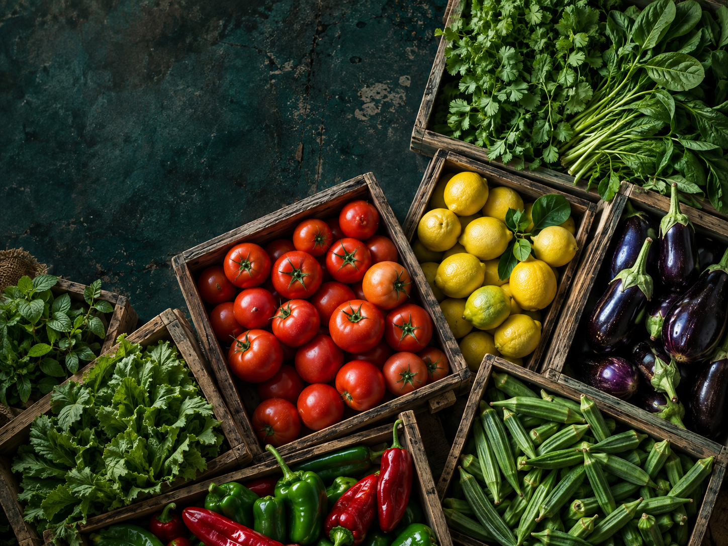Fresh vegetables including tomatoes and lemons at a market